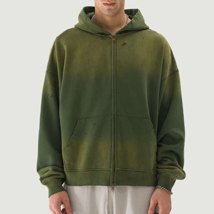 440GSM Unisex Sun Faded Distressed Full-zip Hoodie
