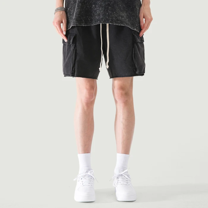 320GSM Unisex Snow Wash Raw Hem Cargo Shorts